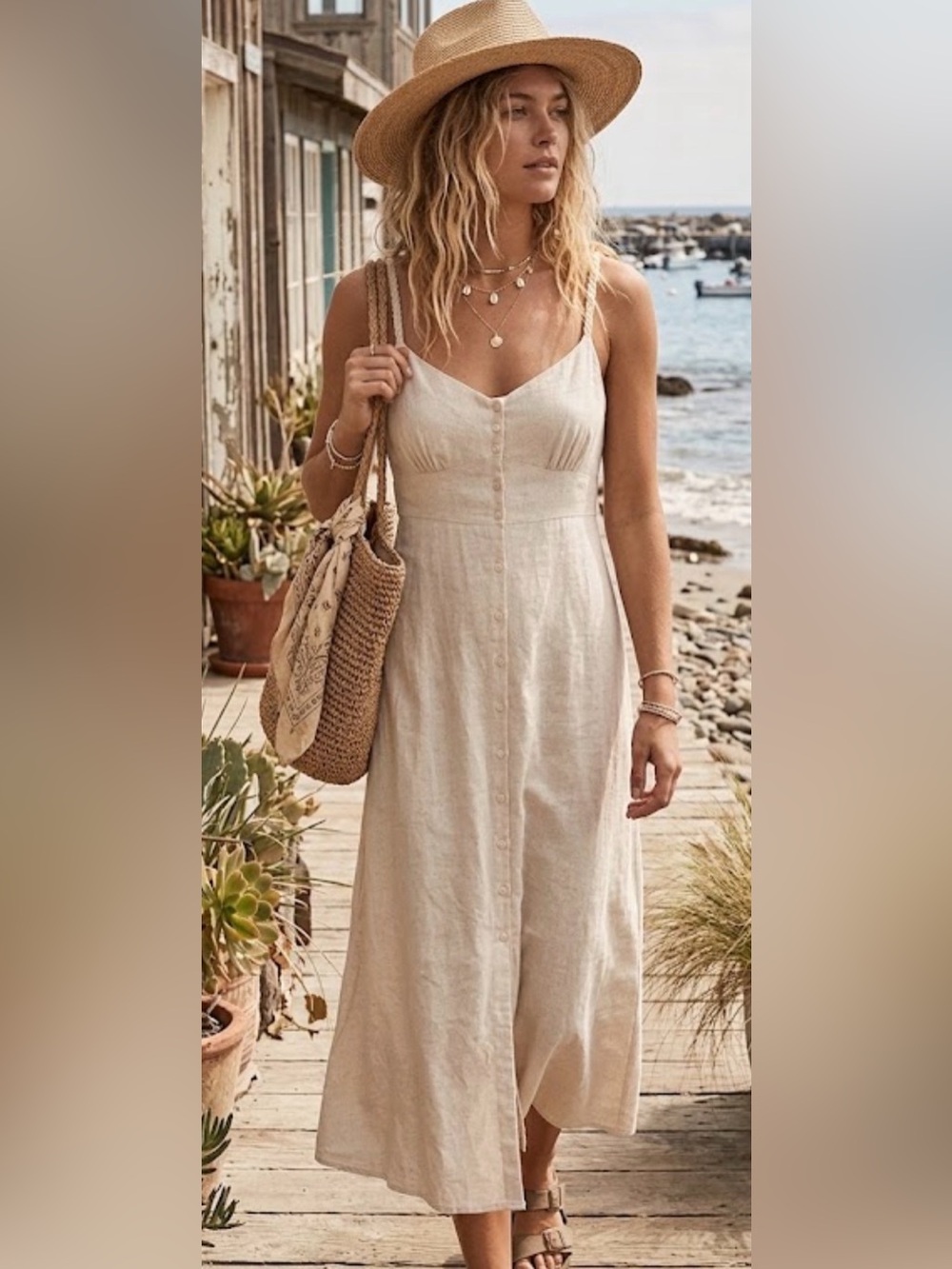 Monteau Los Γngeles linen maxi dress L neutral boho coastal fairy office casual
